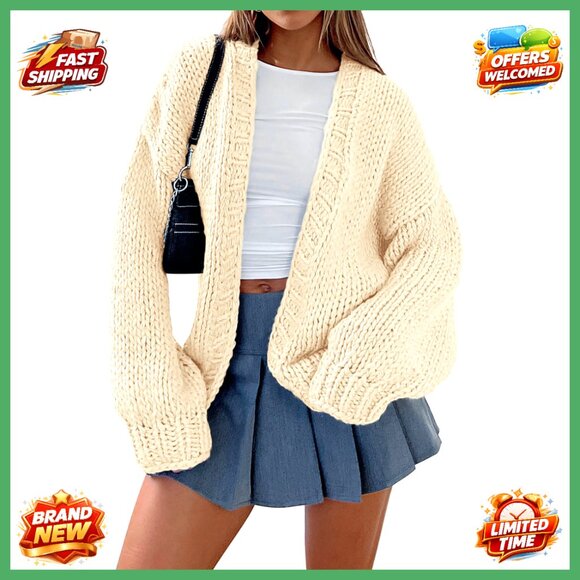 Chunky Knit Cardigan Sweater Women's Long Sleeve Open Front Loose Fit